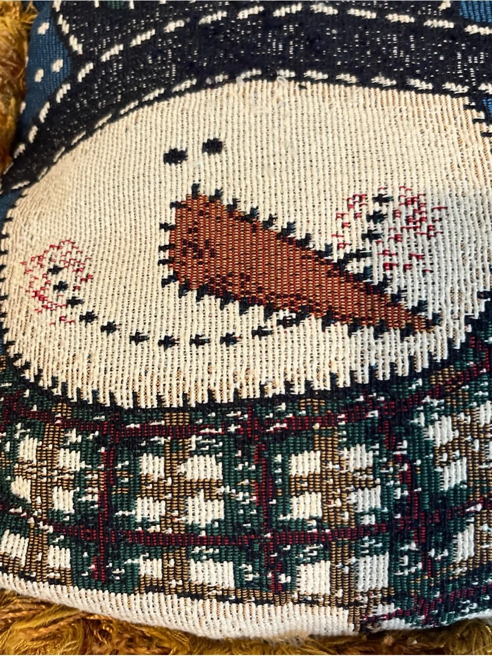 Vintage Tapestry Festive Pillow Snowman Gold Fringe Edging Christmas 17x12 EUC